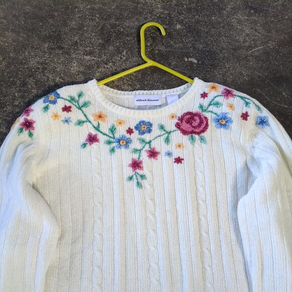 Vintage Alfred Dunner Sweater Womens L White Floral Embroidered Cottage Knit - Picture 2 of 8